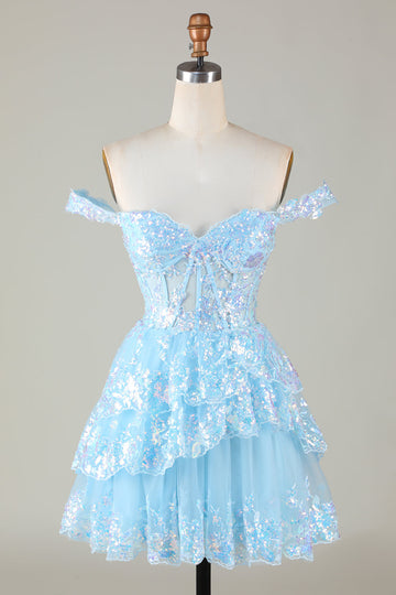 Corsé azul brillante Encaje escalonado A-Line Vestido corto de bienvenida